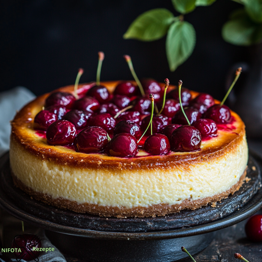 Baked cheesecake with sunken cherries