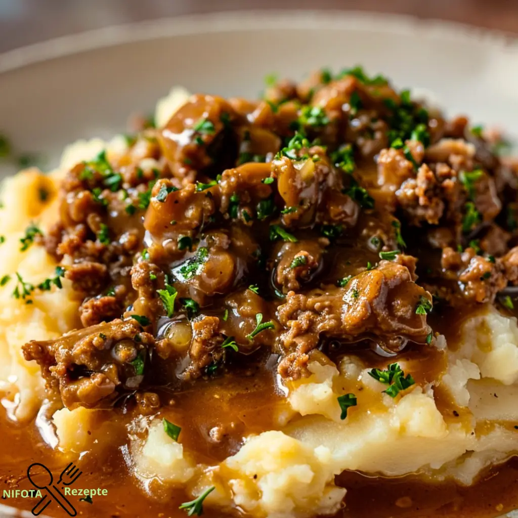 Hackfleisch mit Bratensauce auf cremigem Kartoffelpüree