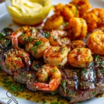 Knoblauch-Butter-Steak mit knusprigen gebratenen Garnelen