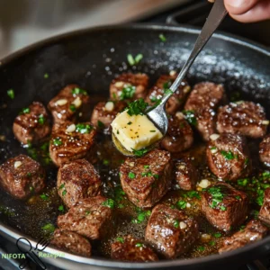 Knoblauch-Butter-Steakbissen mit Kartoffelpüree