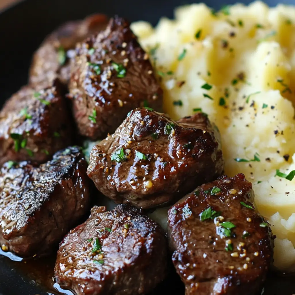 Knoblauch-Butter-Steakbissen mit Kartoffelpüree