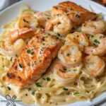 Cremiges Lachs- und Garnelen-Alfredo mit Fettuccine