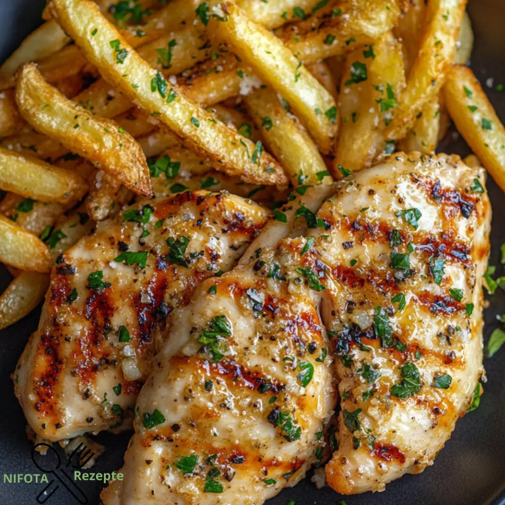 Gegrilltes Knoblauch-Parmesan-Hähnchen mit knusprigen Pommes