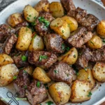 Knoblauch Ribeye Spieße mit Spargel und Kartoffeln