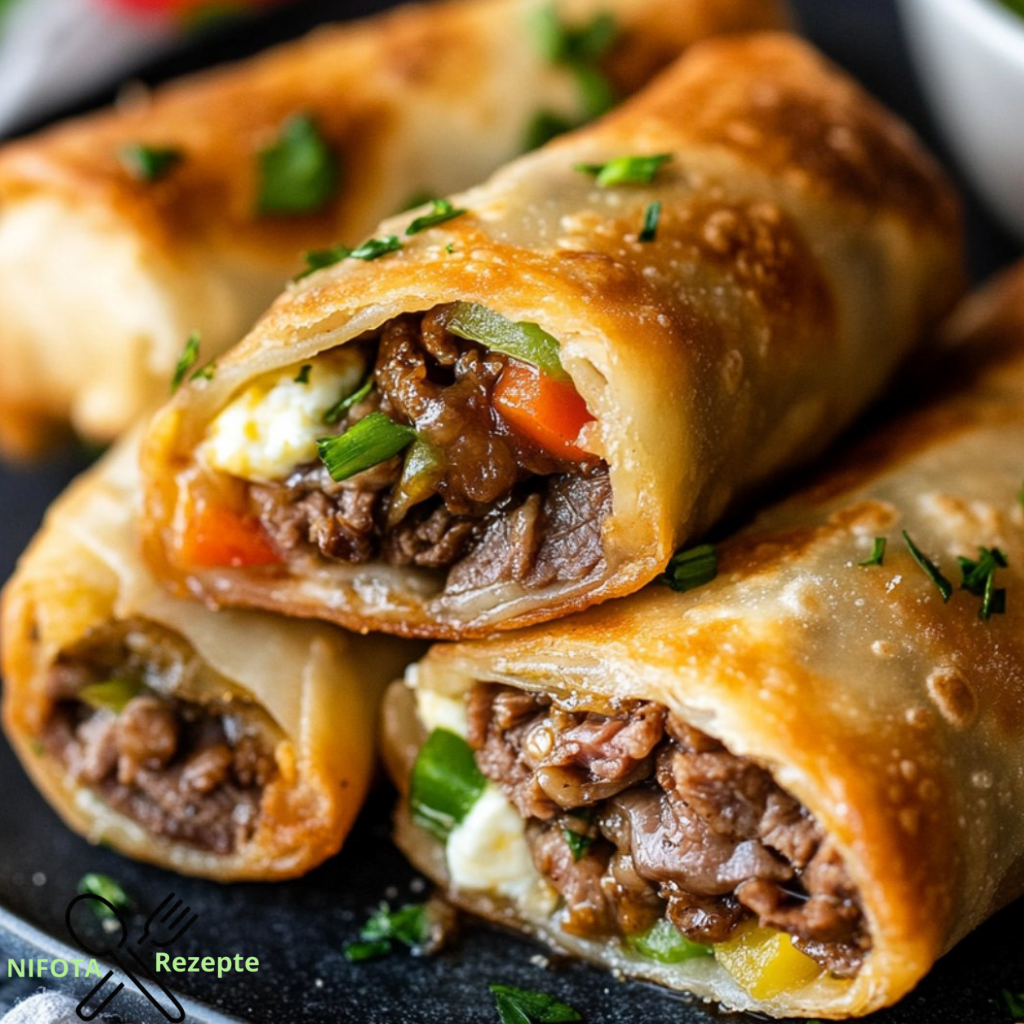 Entdecken Sie das ultimative Rezept für knusprige Philly Cheesesteak-Röllchen. Saftiges Ribeye-Steak