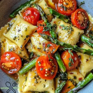 Ravioli mit Tomaten, Spargel, Knoblauch und Kräutern