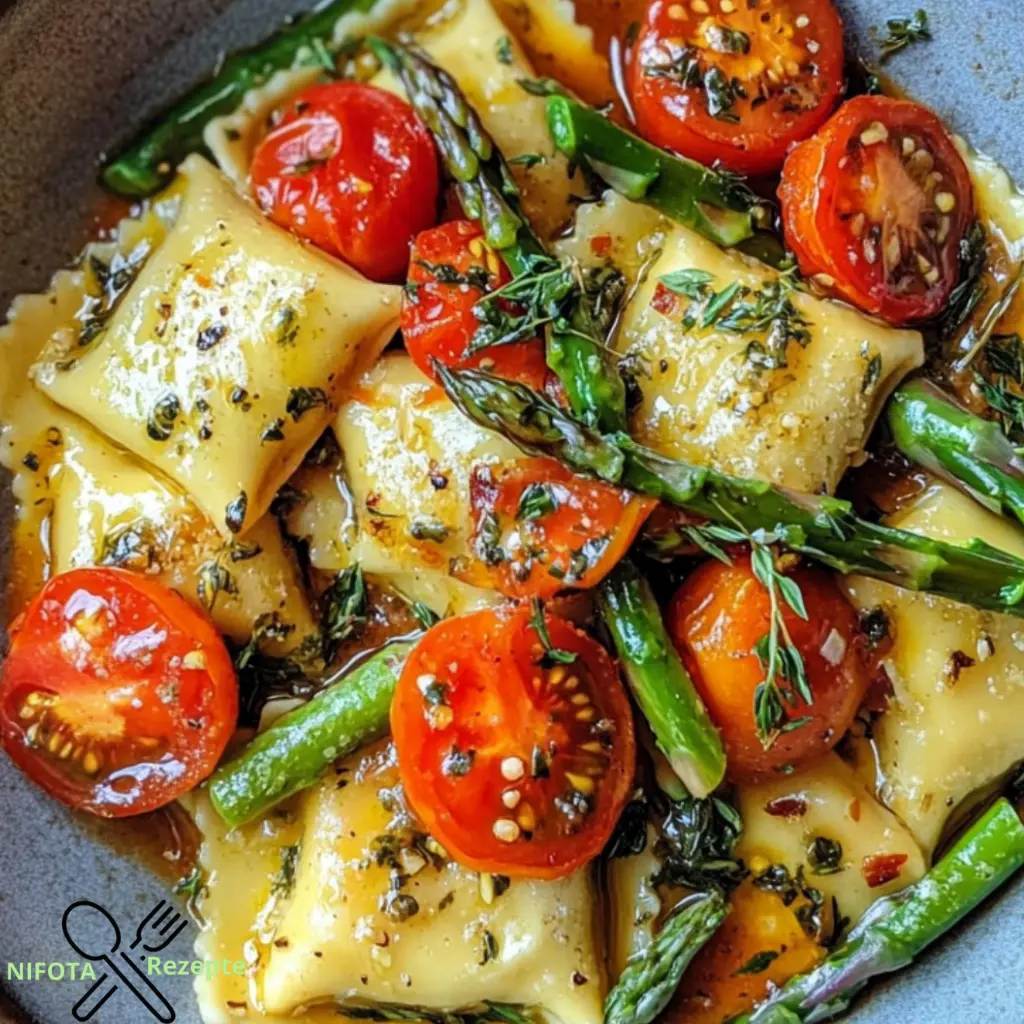 Ravioli mit Tomaten, Spargel, Knoblauch und Kräutern