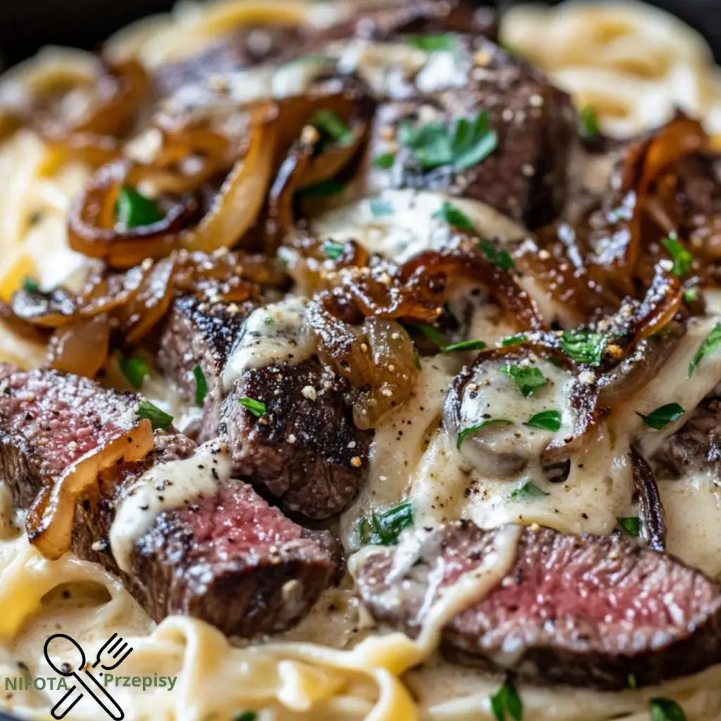 Steak Gorgonzola Alfredo mit karamellisierten Zwiebeln