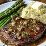 Steak mit Knoblauchsoße und Beilagen