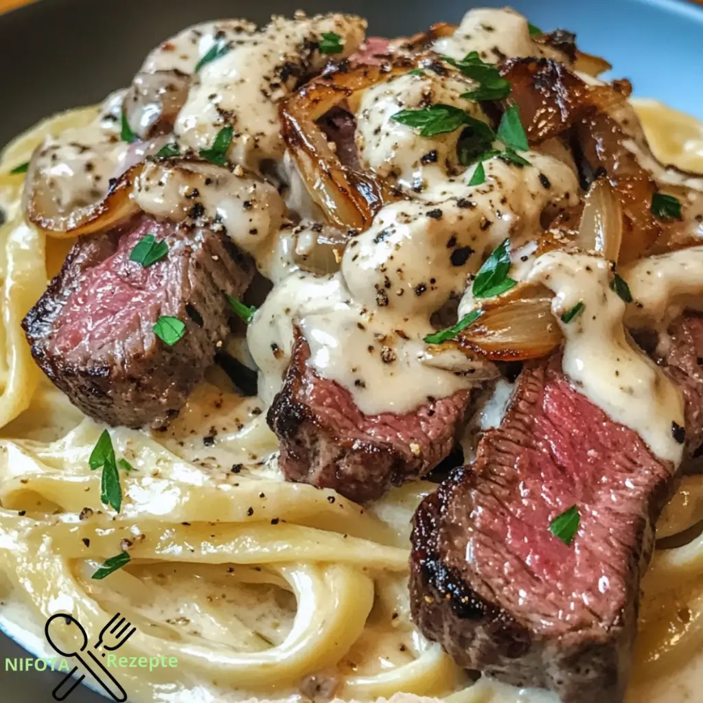 Zartes Steak mit Gorgonzola Alfredo-Sauce und karamellisierten Schalotten