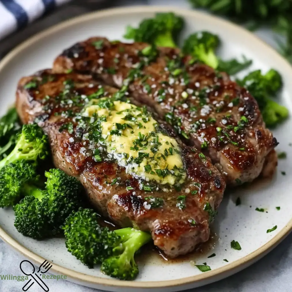 Perfekt gegrilltes Steak mit frischem Brokkoli und samtiger Knoblauchbutter