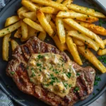 Saftiges Steak in aromatischer Knoblauchsoße mit knusprigen Pommes