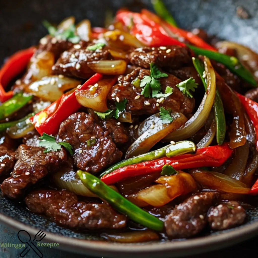 Aromatisches Rindfleisch-Wokgericht mit knusprigen Zwiebeln und asiatischen Gewürzen