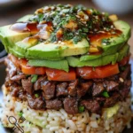 Teriyaki-Rindfleisch und Avocado-Reis