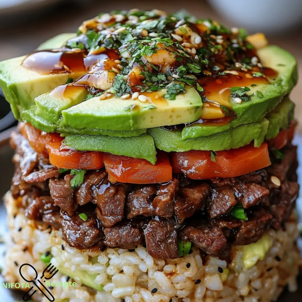 Teriyaki-Rindfleisch und Avocado-Reis