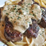 Cremiges Steak Gorgonzola Alfredo mit Fettuccine