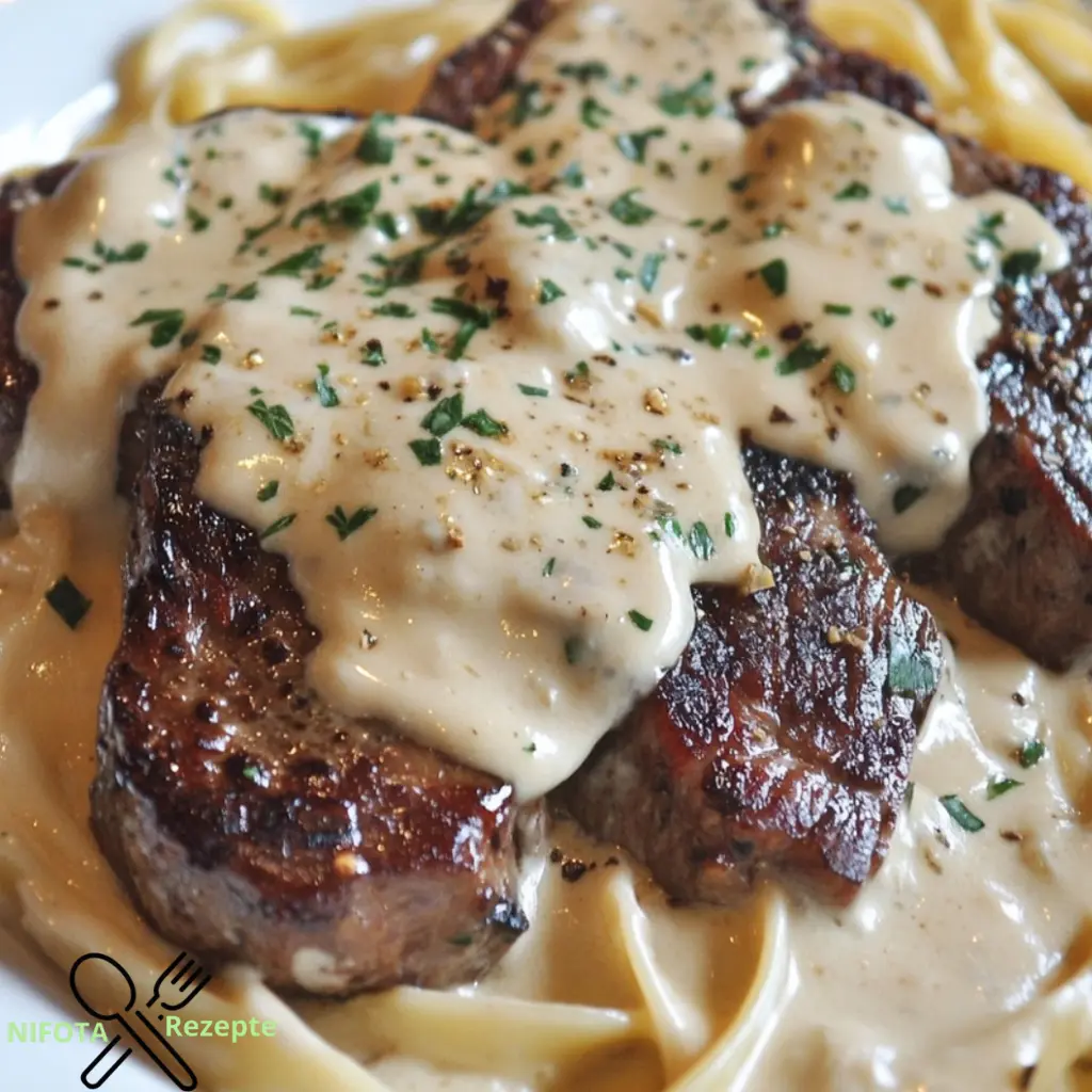 Cremiges Steak Gorgonzola Alfredo mit Fettuccine