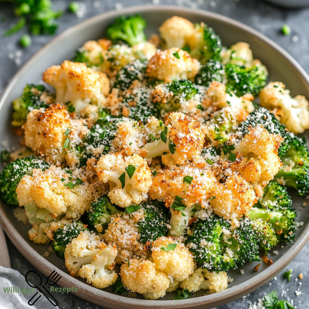 Gerösteter Blumenkohl und Brokkoli mit einer knusprigen Knoblauch-Parmesan-Kruste