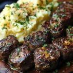 Knoblauch-Butter-Steakstücke mit Käse-Stampfkartoffeln