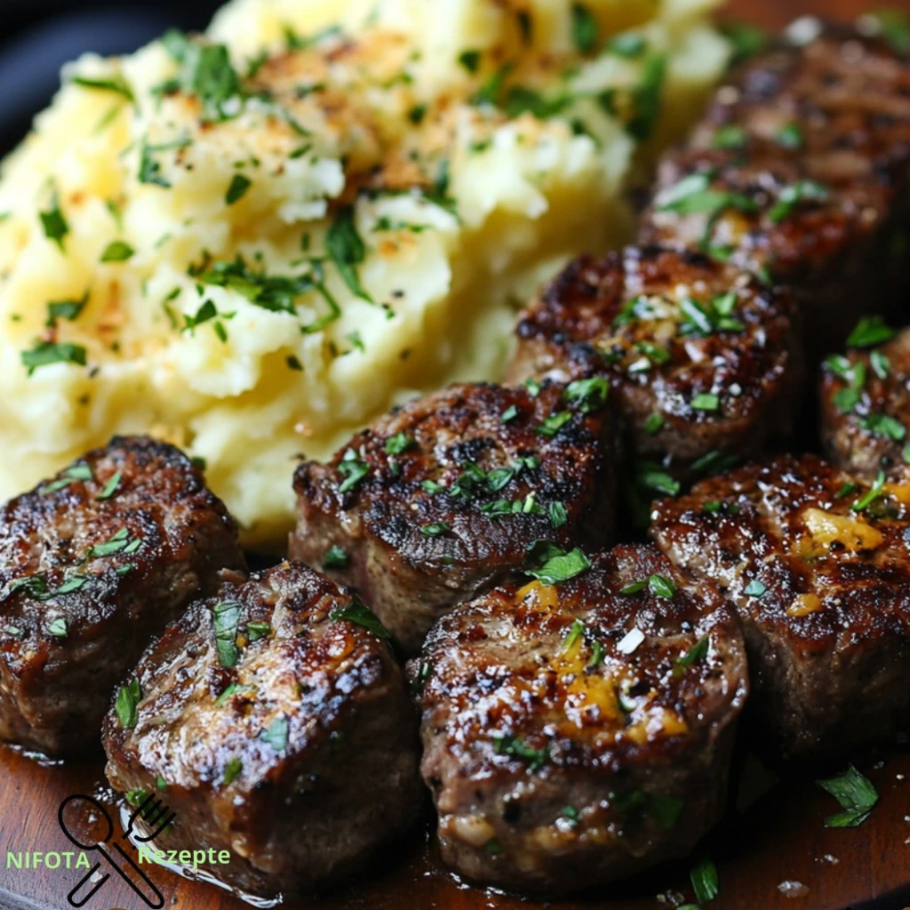 Knoblauch-Butter-Steakstücke mit Käse-Stampfkartoffeln