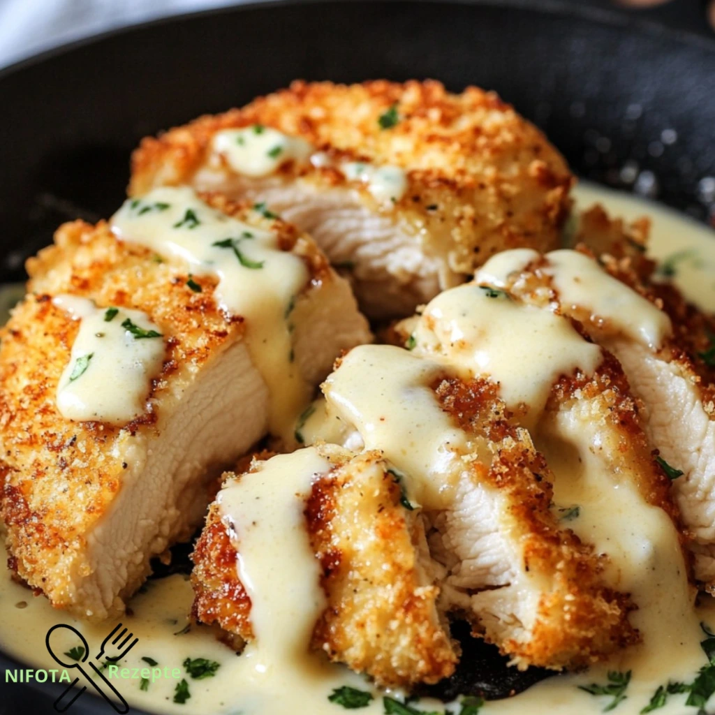 Knuspriges Parmesan-Hähnchen mit cremiger Alfredo-Soße