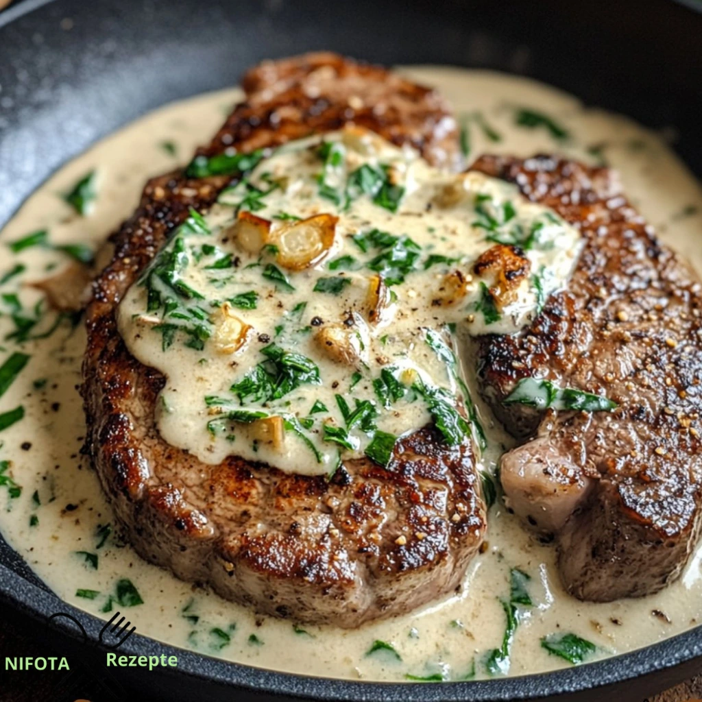 Steak mit Knoblauch-Sahnesauce