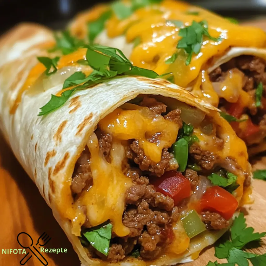 Würziger Rindfleisch-Burrito mit Nacho-Käsesauce und knusprigen Doritos