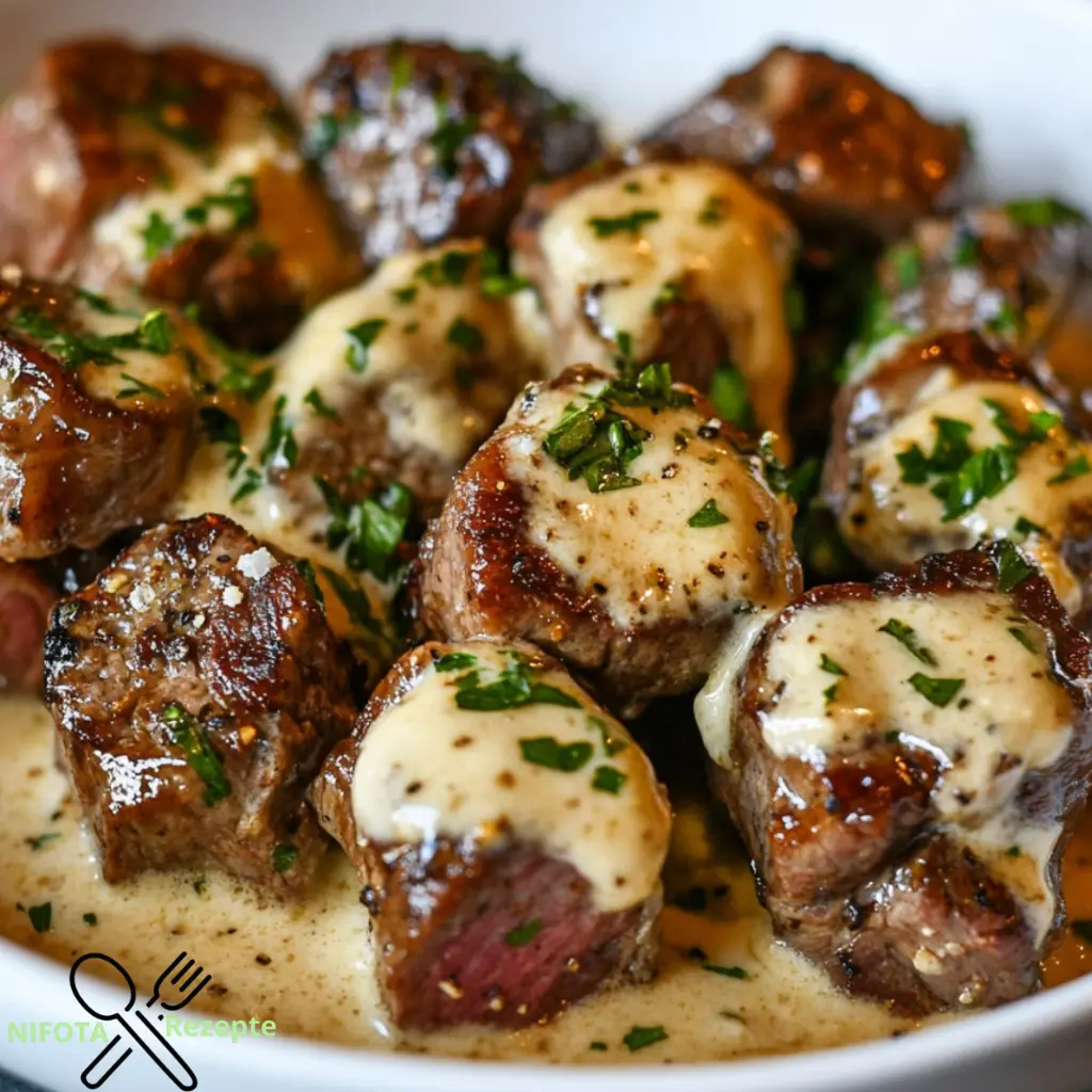 Zarte Steakbissen in Knoblauchbutter mit cremiger Parmesan-Sahnesoße