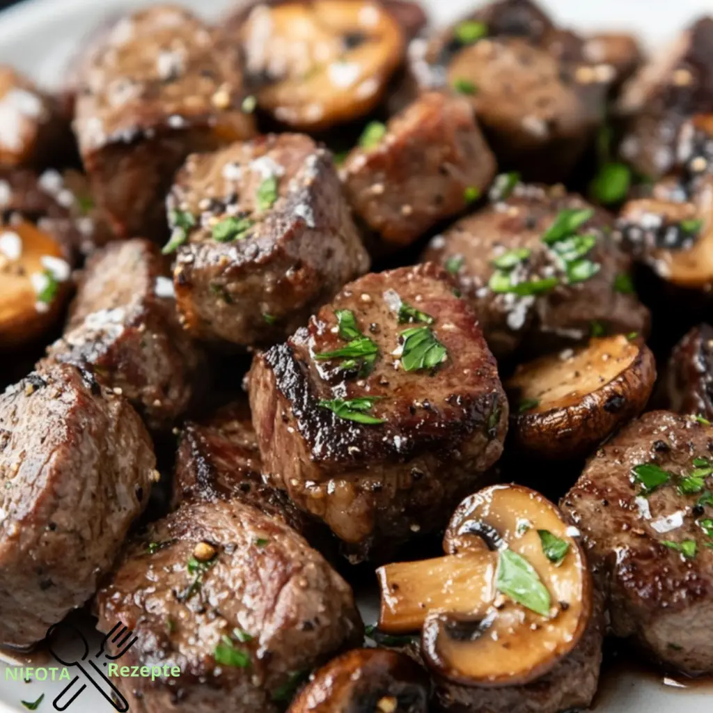 Zarte Steakbissen in cremiger Knoblauch-Pilz-Soße