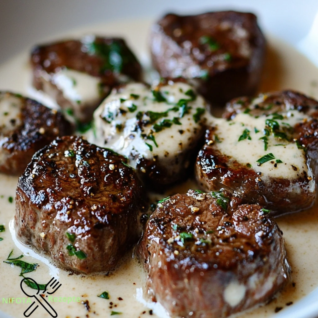 Zarte Steakwürfel mit cremiger Parmesan-Sahnesauce