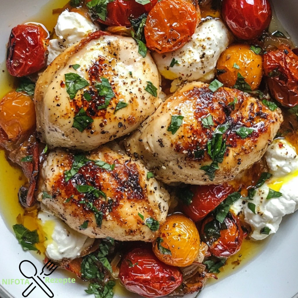 Zartes Hähnchen mit geschmorten Tomaten und cremiger Burrata