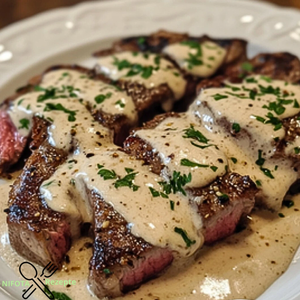 Zartes Steak mit reichhaltiger Knoblauch-Sahne-Reduktion