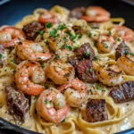 Würzige Cajun-Fettuccine mit Garnelen, Steak und cremiger Alfredo-Sauce