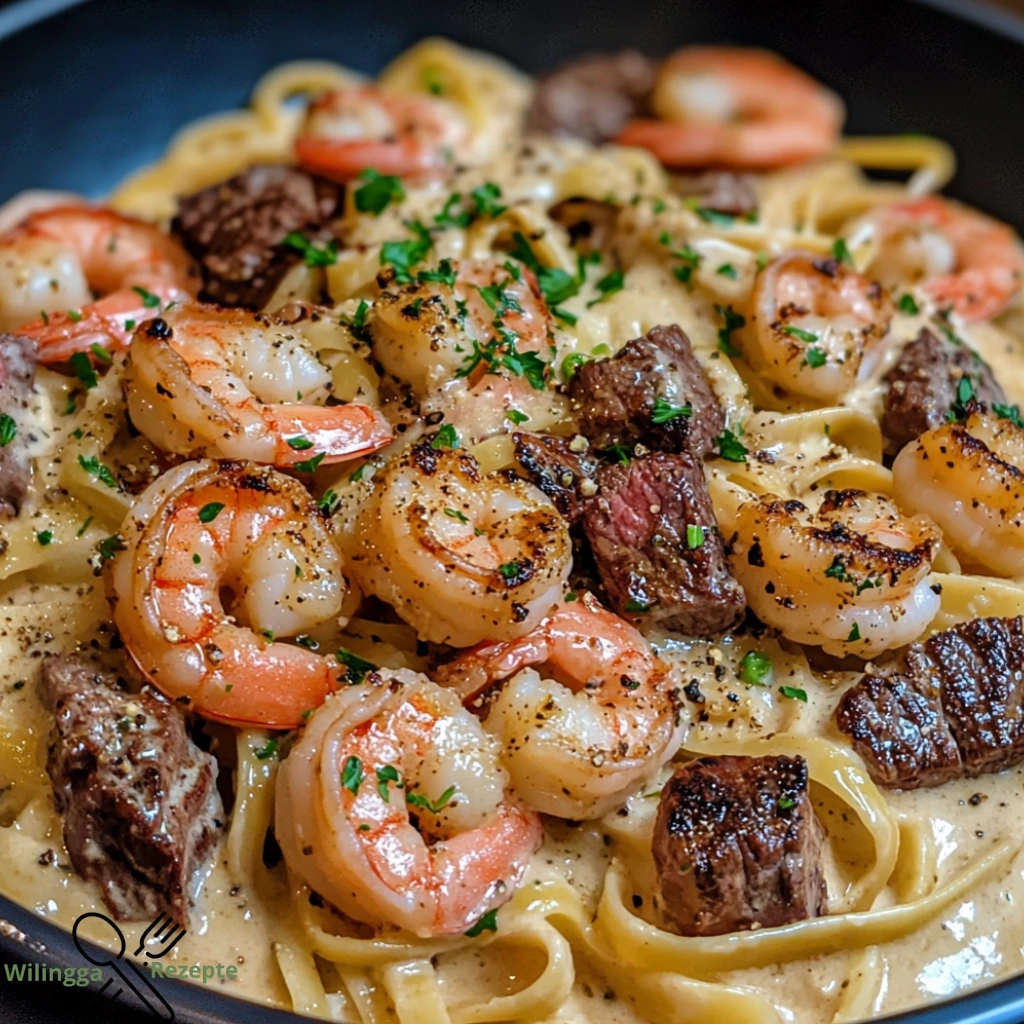 Würzige Cajun-Fettuccine mit Garnelen, Steak und cremiger Alfredo-Sauce