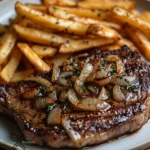 Ribeye Steak mit französischen Zwiebeln und Pommes Frites genießen