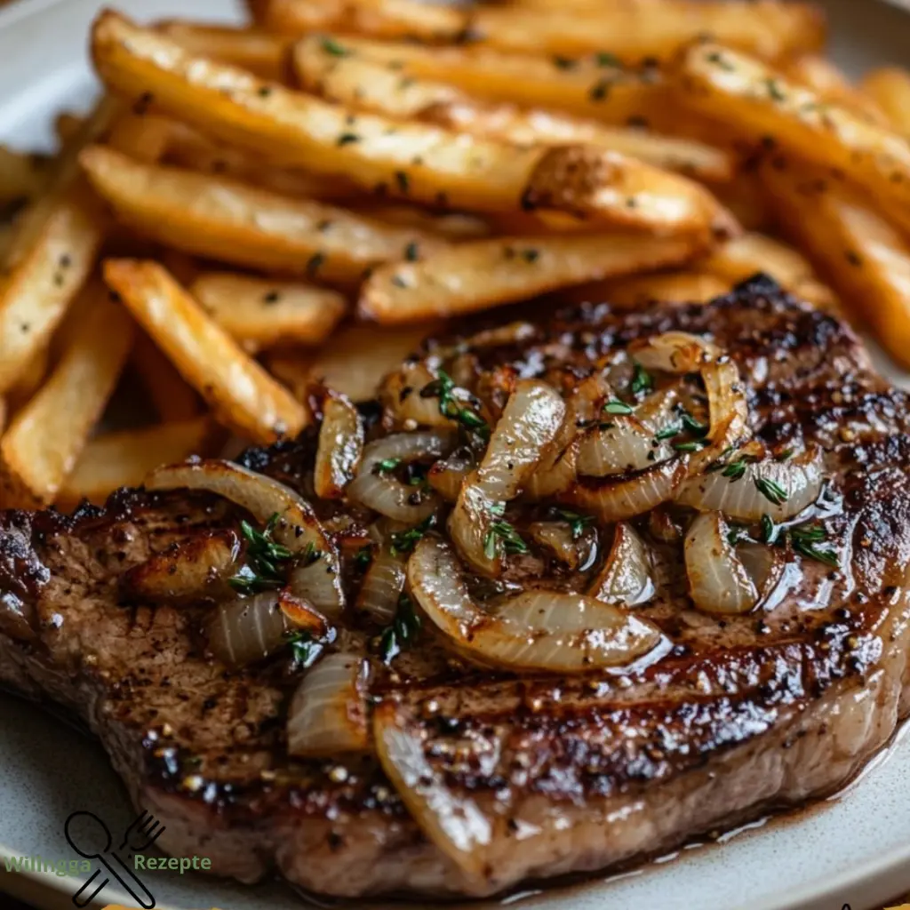 Ribeye Steak mit französischen Zwiebeln und Pommes Frites genießen