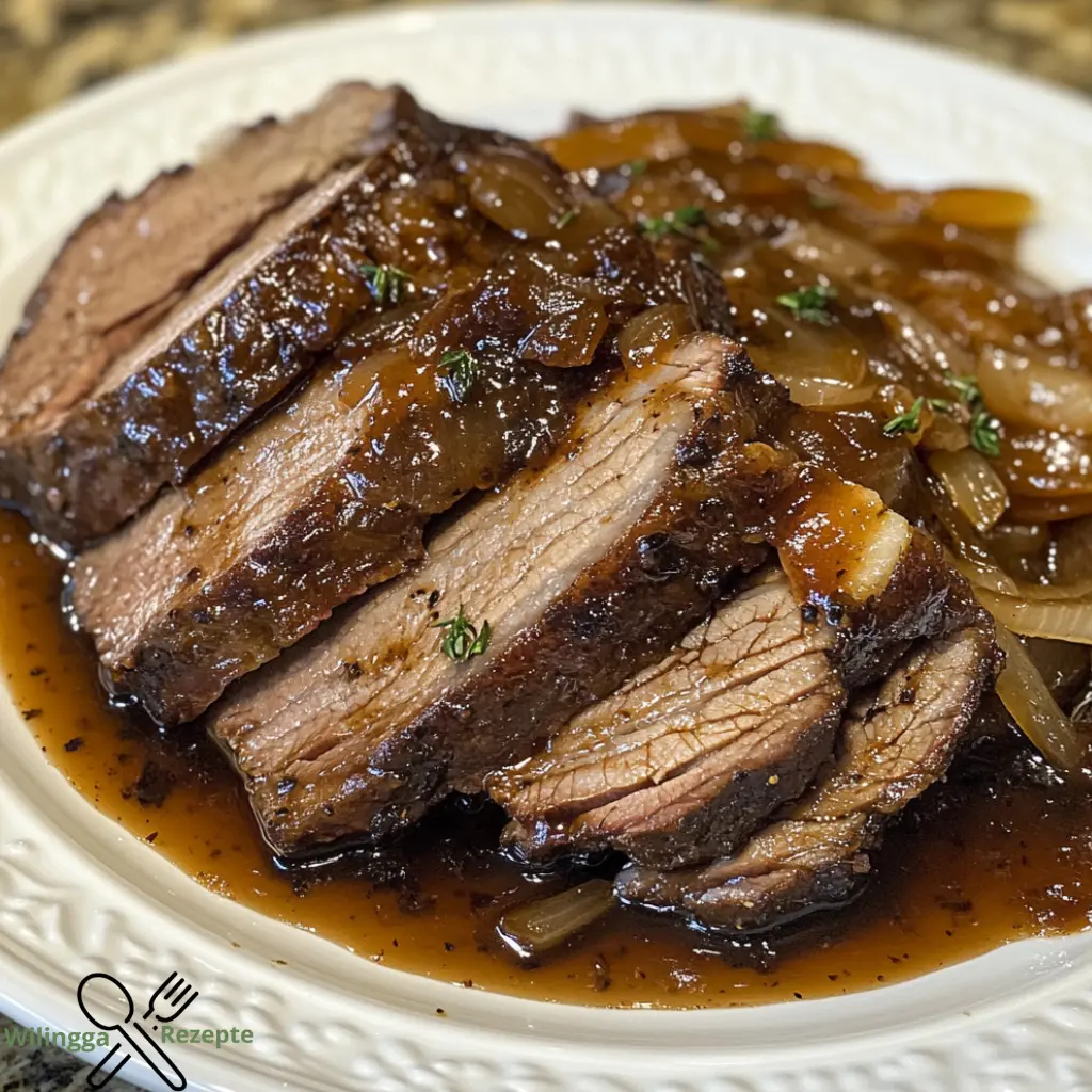 Zartes Bruststück in reichhaltiger Balsamico-Zwiebelsoße genießen.