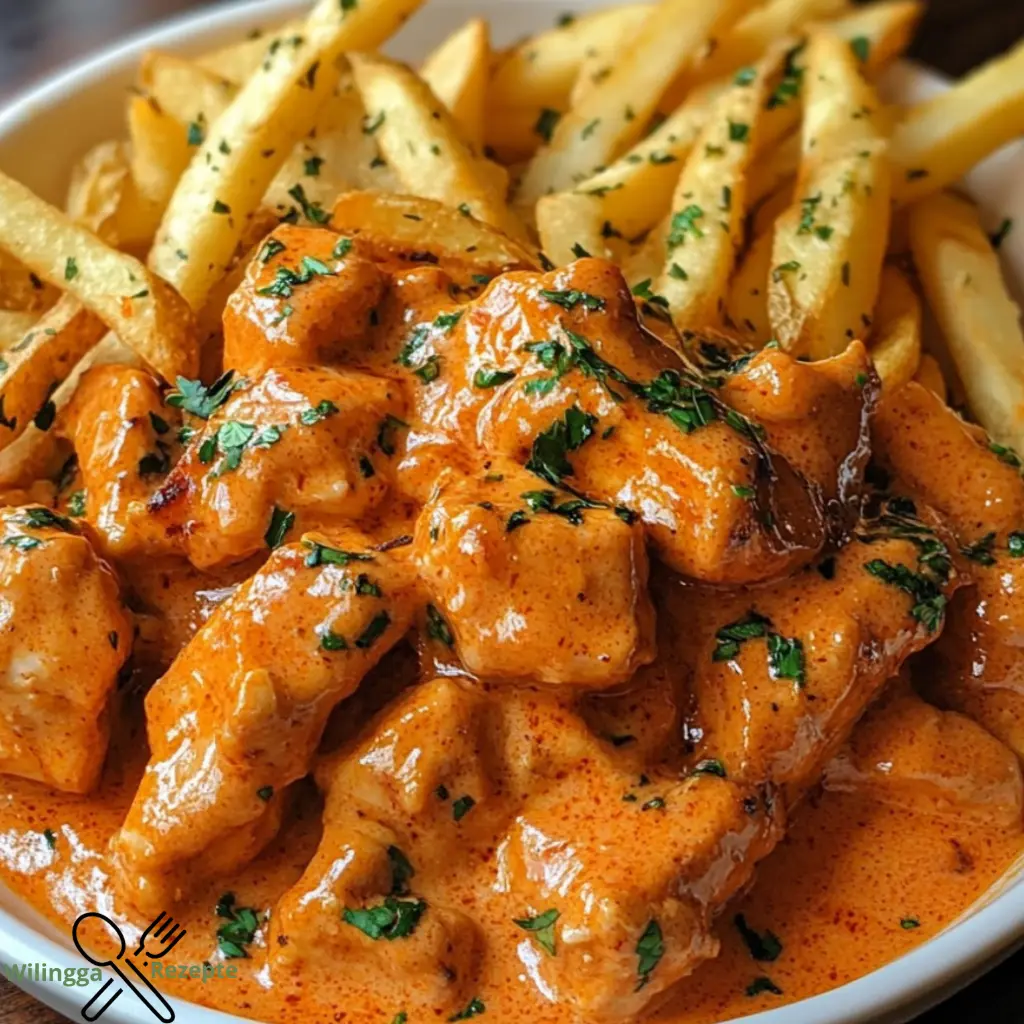 Butter Chicken mit Knoblauchsauce und knusprigen Pommes genießen!