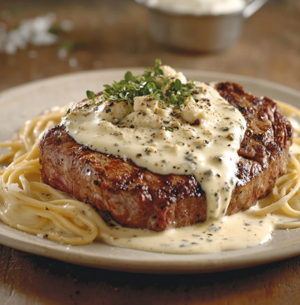 Toskanisches Steak mit Gorgonzola und Alfredo-Sauce genießen.