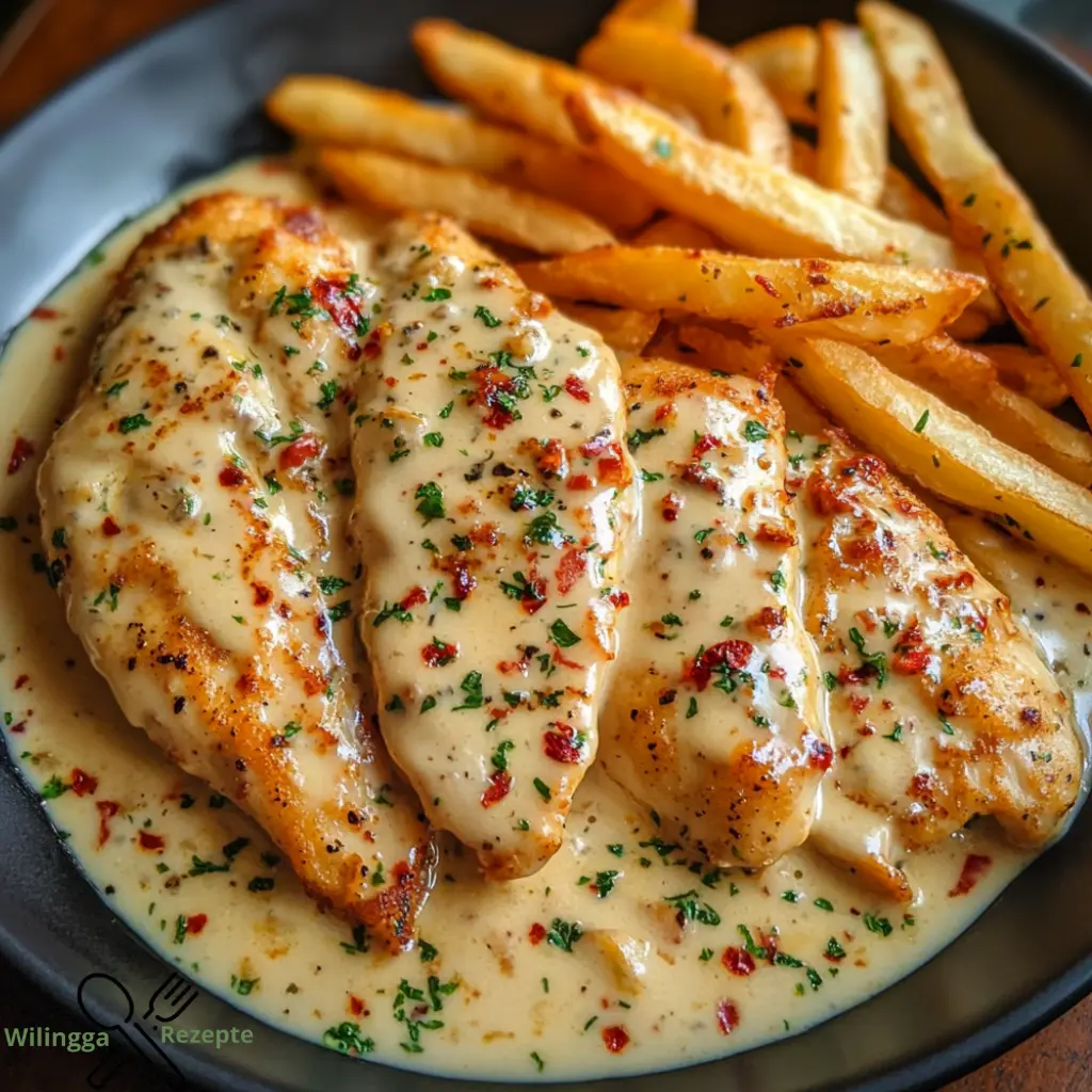 Hähnchenfilet in würziger, cremiger Knoblauch-Parmesan-Sauce.