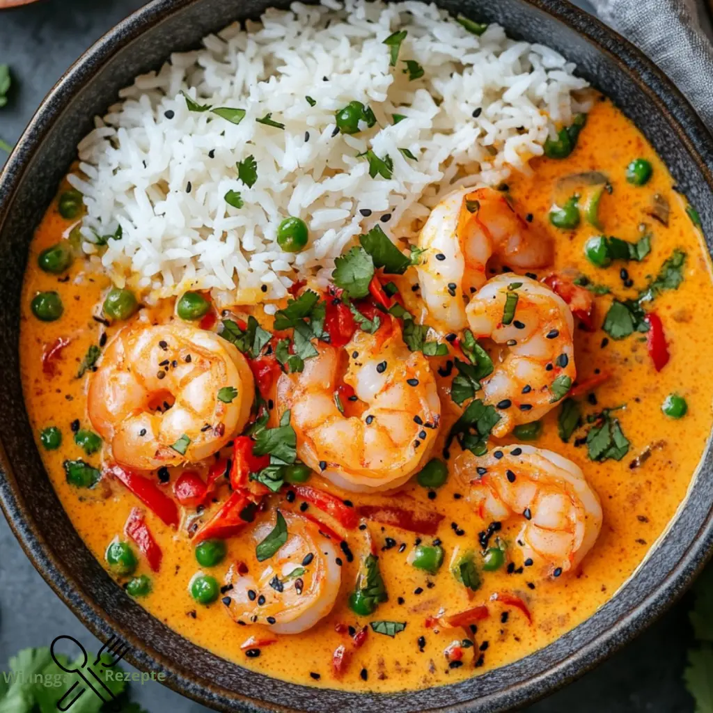 Köstliches Kokos-Curry mit Garnelen und duftendem Jasminreis