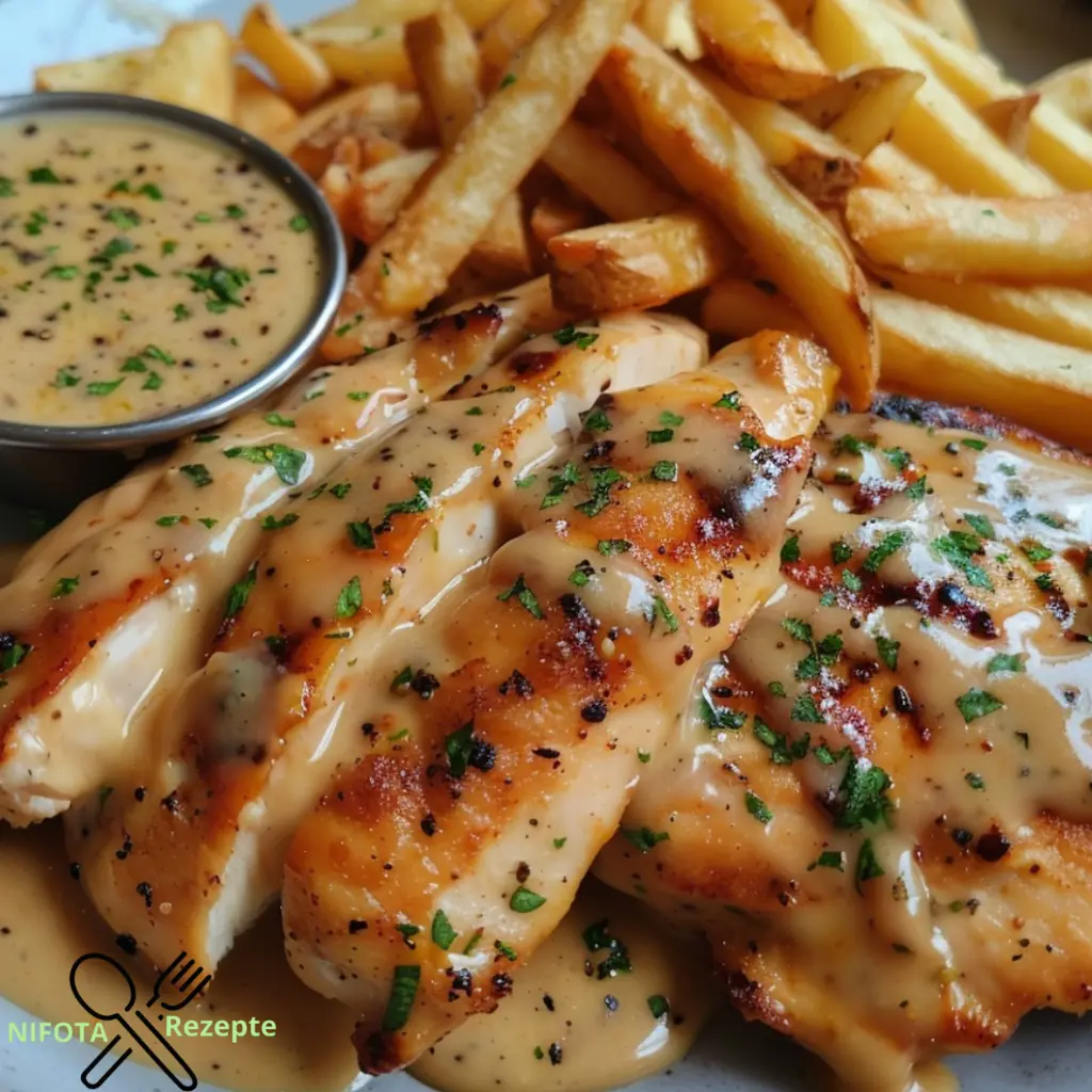 Butterhähnchen mit Knoblauchsoße und knusprigen Pommes genießen!