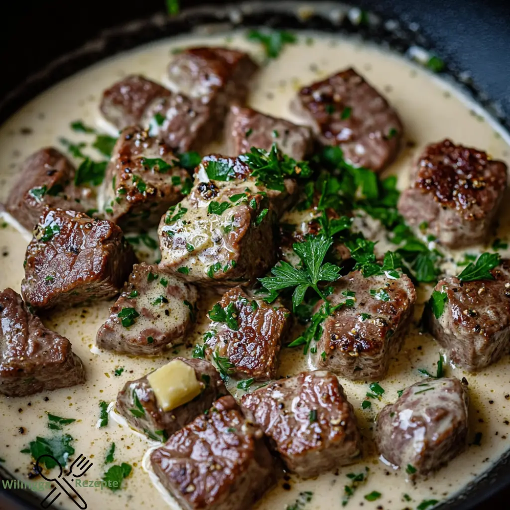 Zarte Steakwürfel in verführerischer Parmesan-Cremesauce