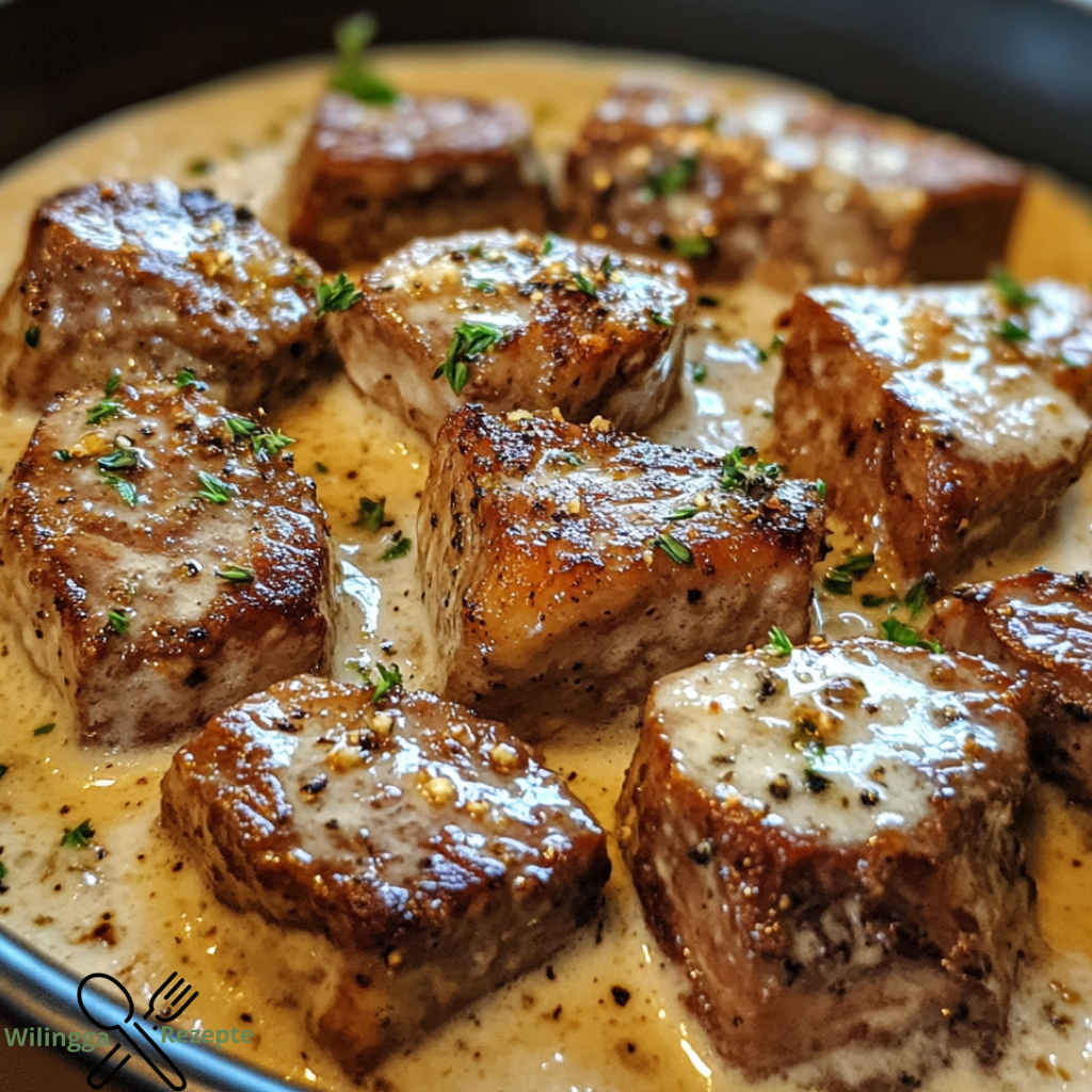 Zarte Steakwürfel in verführerischer Parmesan-Sahnesoße