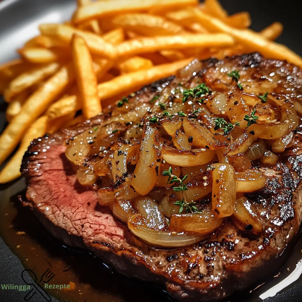 Ribeye Steak mit französischen Zwiebeln und Pommes Frites genießen