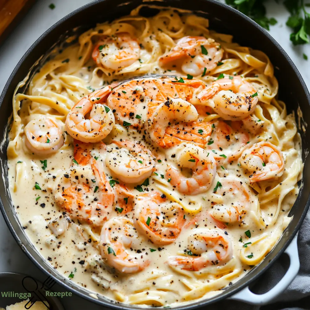 Cremige Lachs- und Garnelen-Alfredo