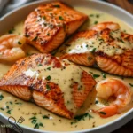 Eleganter Lachs und Garnelen in einer sahnigen Knoblauchsoße genießen.