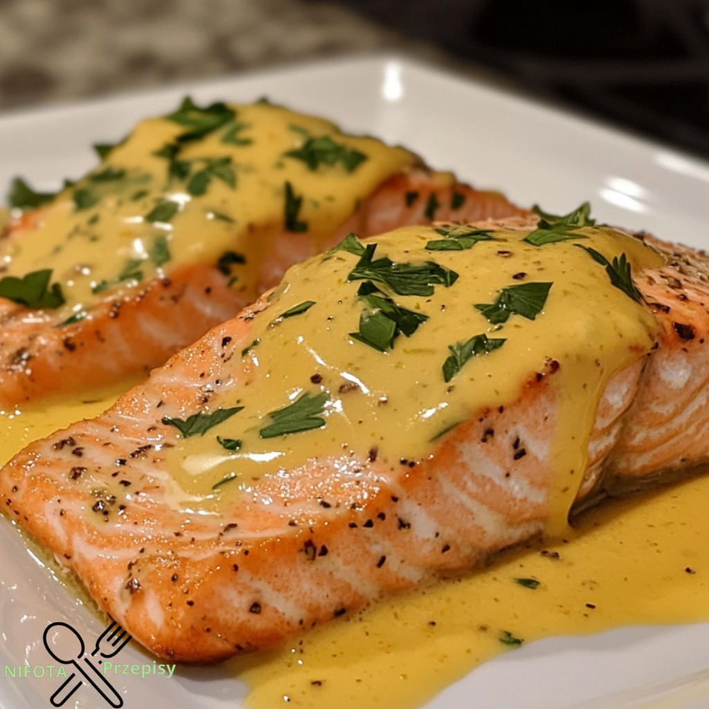 Gebratener Lachs mit cremiger Zitronen-Knoblauch-Sauce genießen.