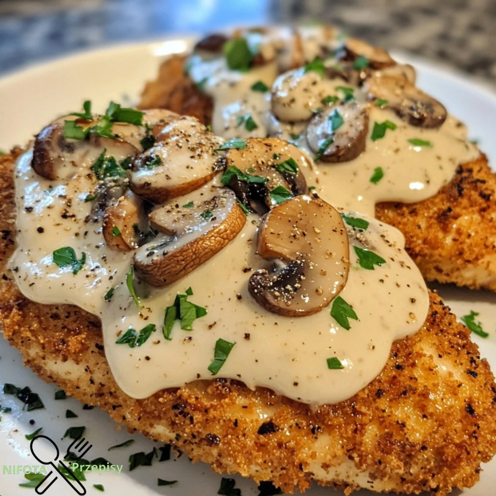 Goldene knusprige Hähnchen mit Parmesan-Pilzsauce