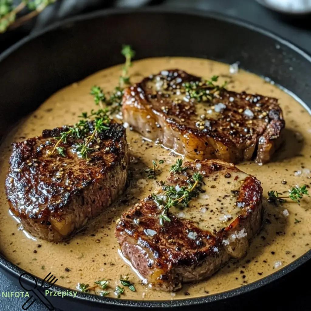 Klassisches Steak au Poivre mit cremiger Cognac-Sauce genießen.